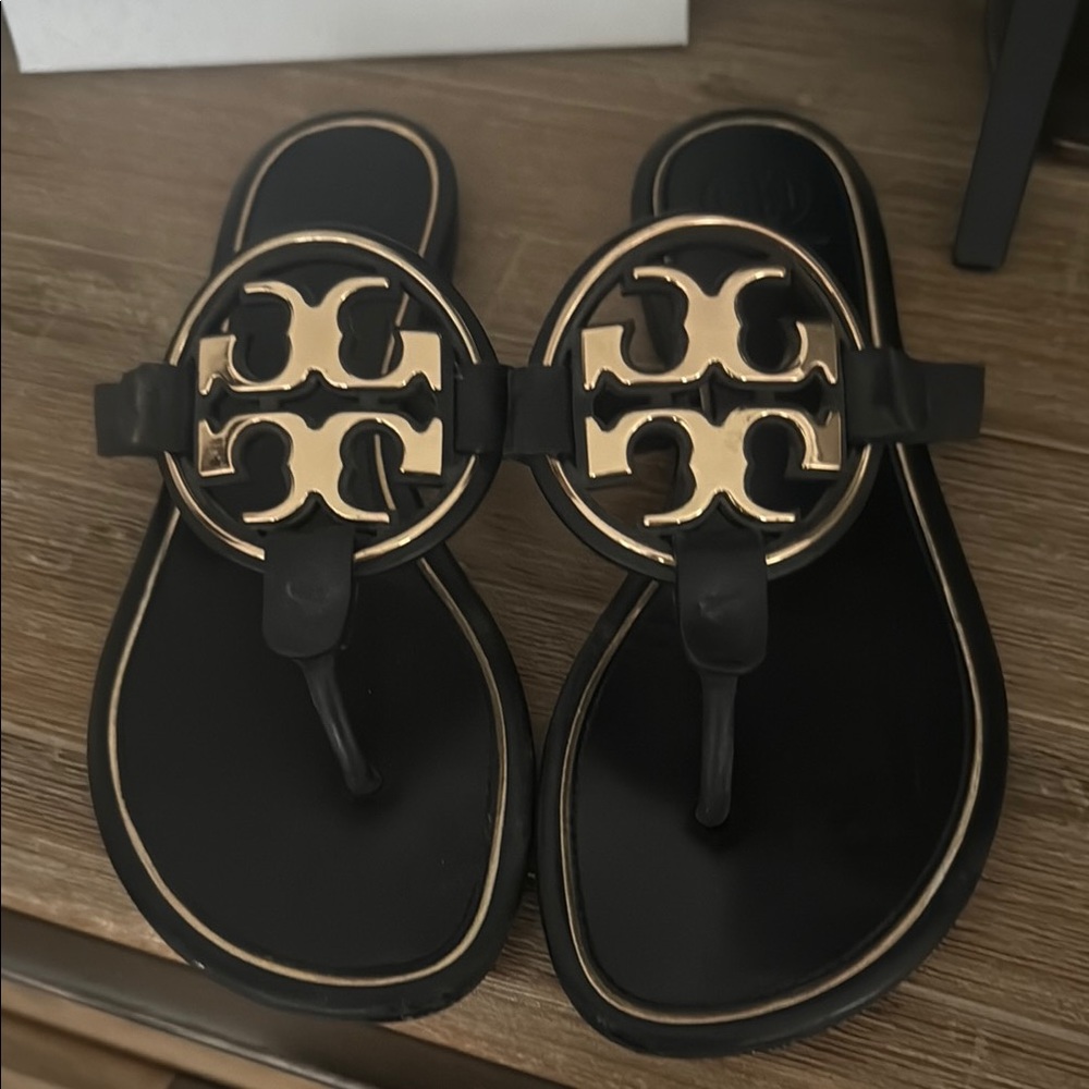 Tory Burch Black Sandals with Gold Emblem